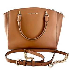 Michael Kors Ellis Large Leather Satchel Brown Top Handle Crossbody Tote Bag